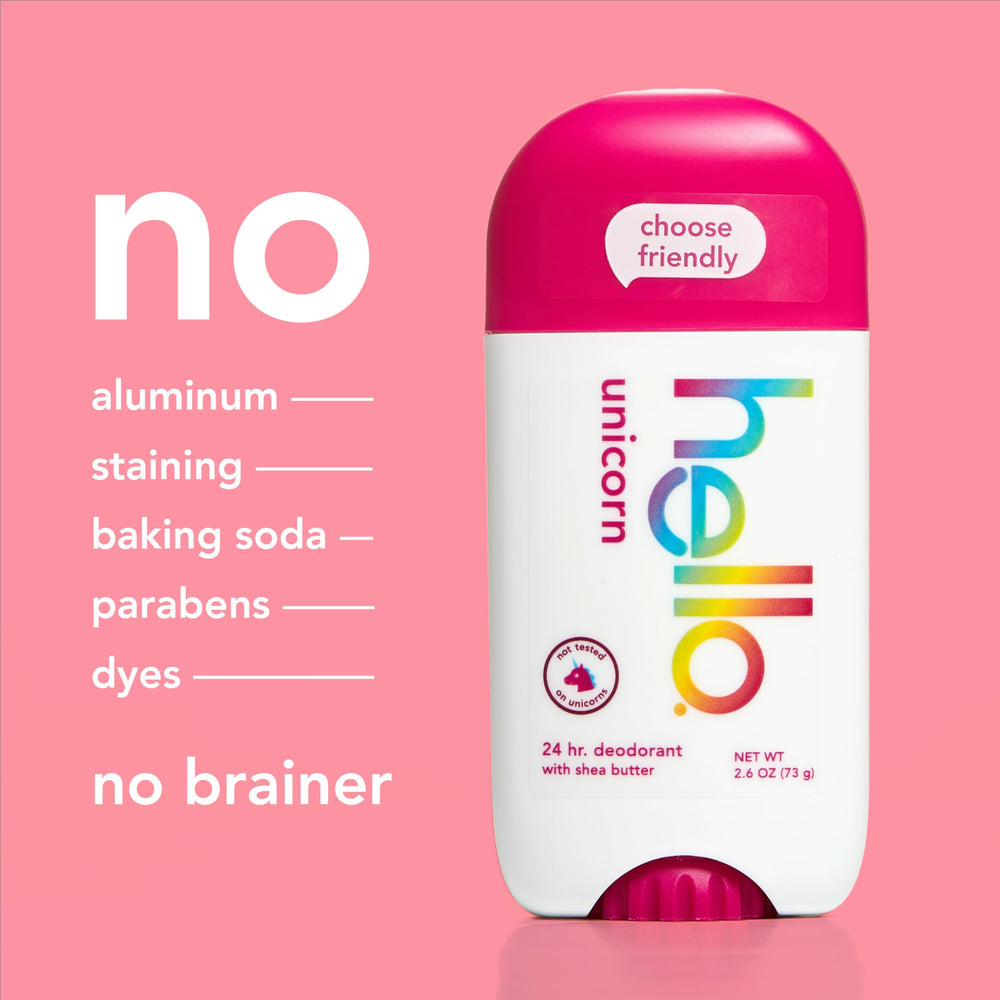 Hello Unicorn vegan dermatologically tested label, suitable for sensitive skin.