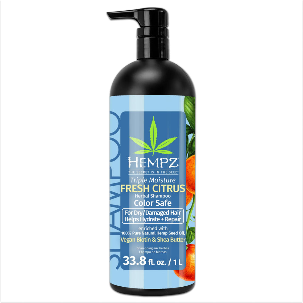 Shampoing Hempz Biotin en flacon agrumes frais, hydratation immédiate.