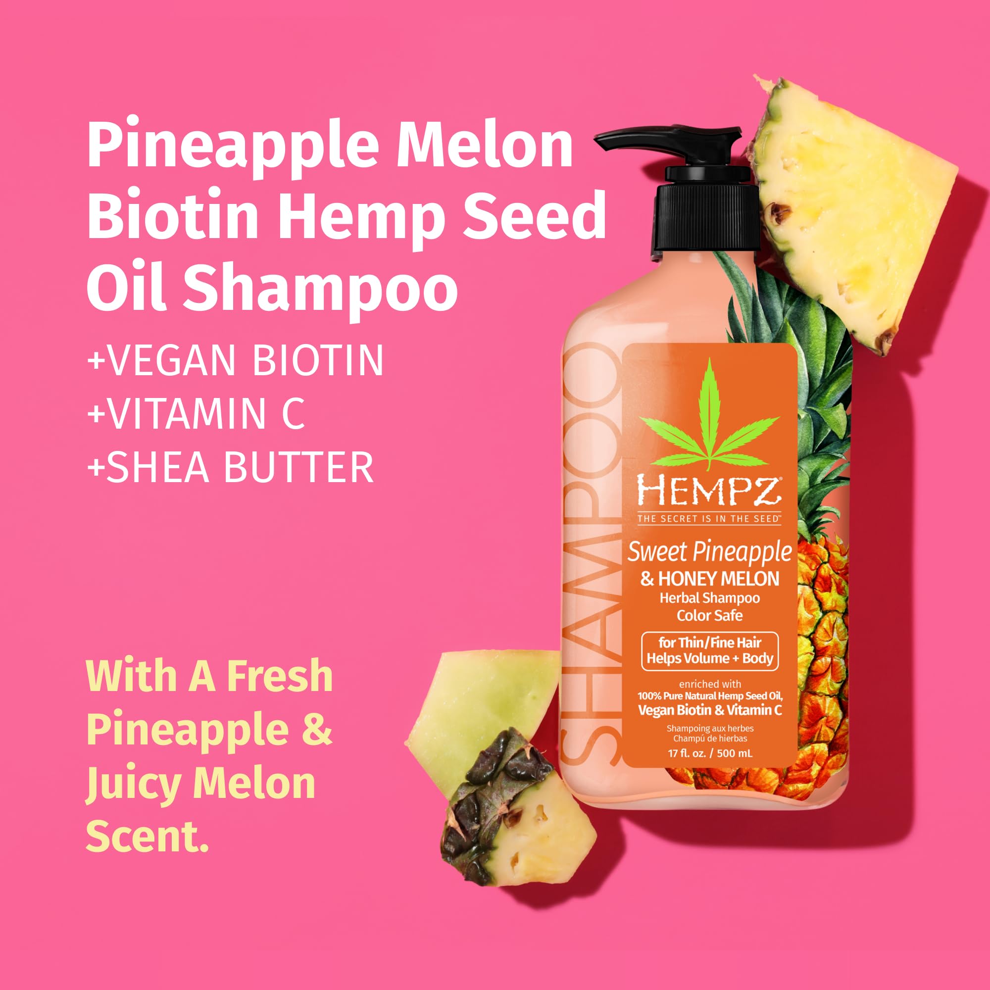 Hempz Shampoing Biotine, etiquette ananas et miel, parfum fruité.