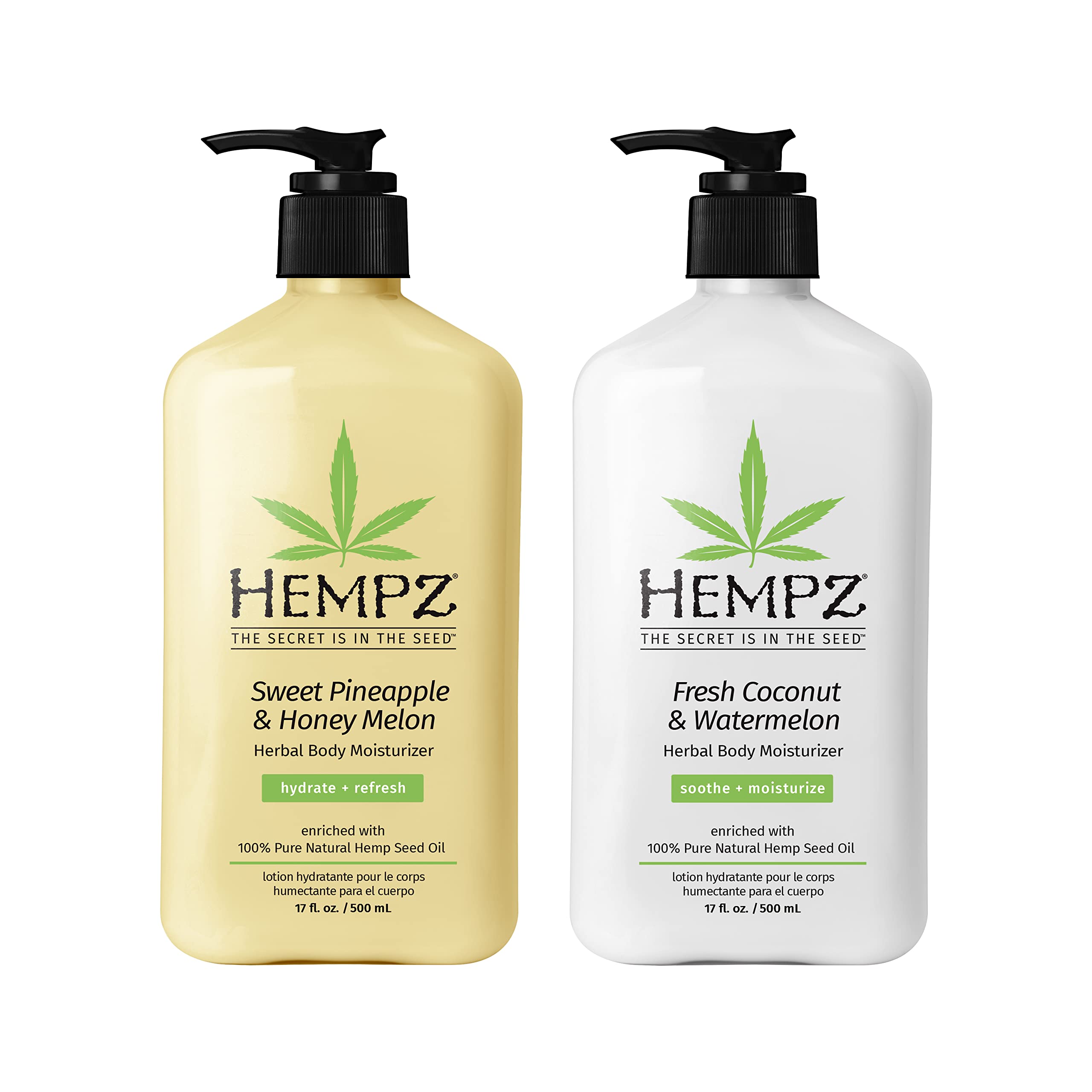 Lotion Hempz duo en bouteilles visibles, hydratation quotidienne douce.