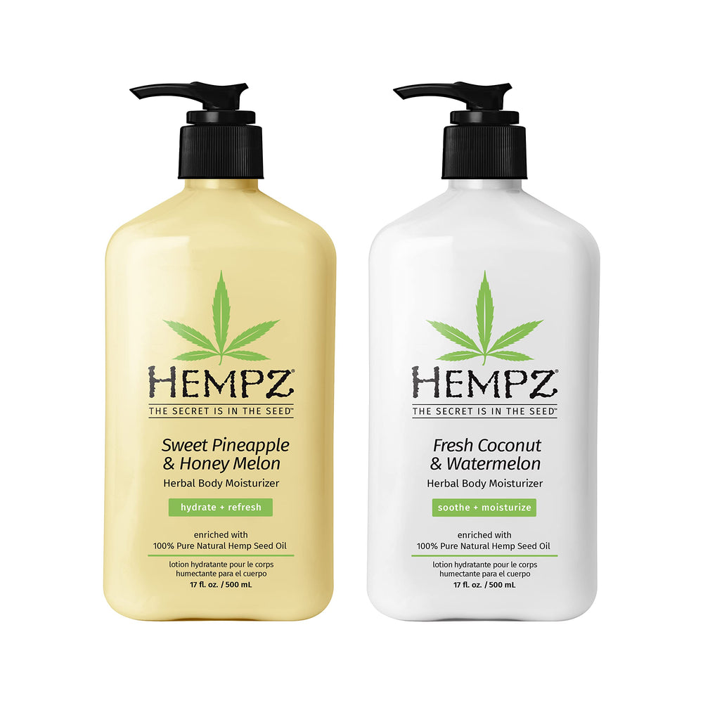 Lotion Hempz duo en bouteilles visibles, hydratation quotidienne douce.