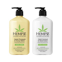 Lotion Hempz duo en bouteilles visibles, hydratation quotidienne douce.