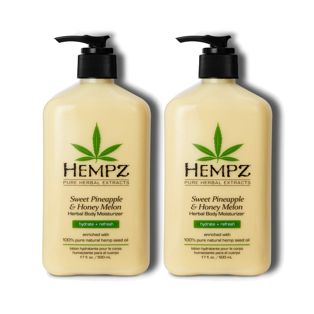 lotion hempz sur bouteille montrant hydratation fruitée à l'ananas et melon miel