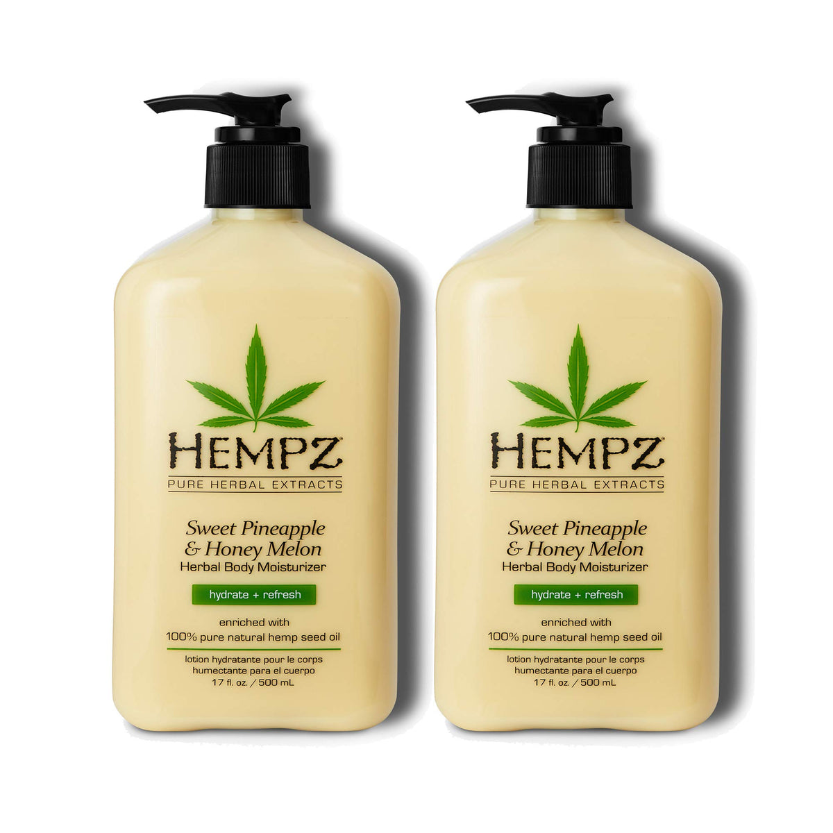 lotion hempz sur bouteille montrant hydratation fruitée à l'ananas et melon miel