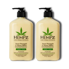 lotion hempz sur bouteille montrant hydratation fruitée à l'ananas et melon miel