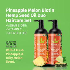 Après-shampooing Hempz en flacon-pompe, parfum Ananas doux et Melon miel, démêle en douceur.