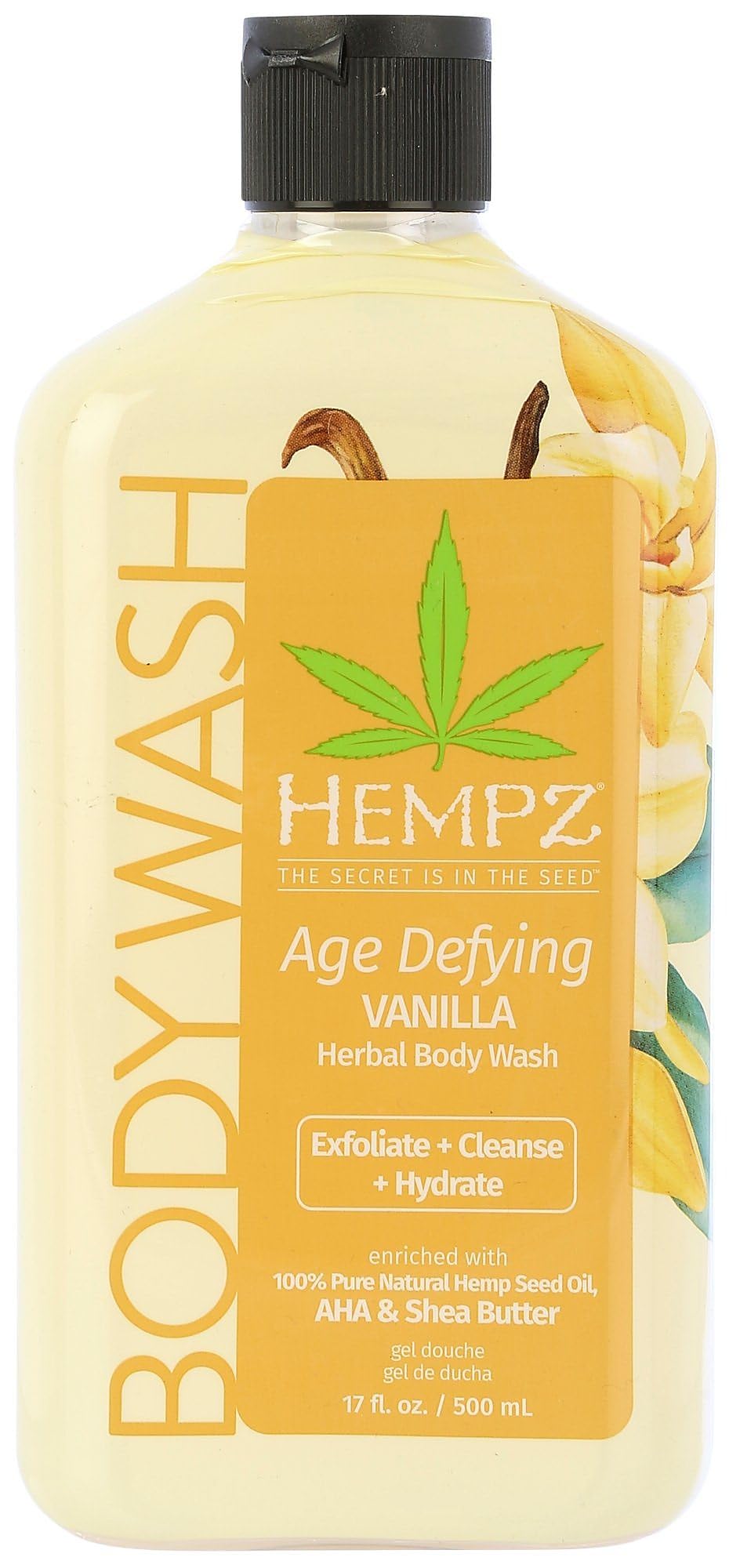 Hempz Gel Douche Anti-Âge Vanille et Musc — bouteille avec mousse hydratante adaptée aux peaux sensibles.