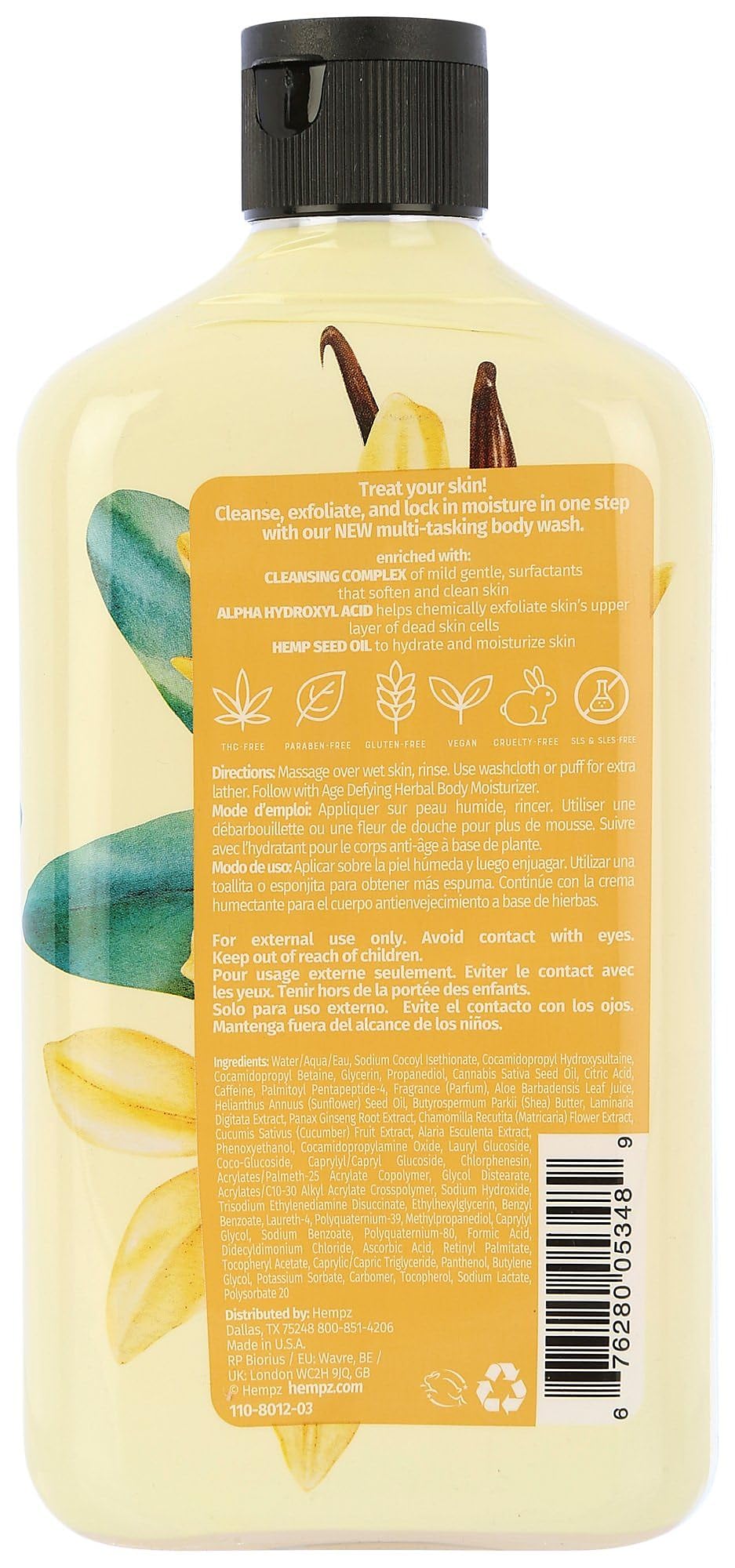 Hempz Gel Douche Anti-Âge Vanille et Musc — texture mousse douce pour hydratation quotidienne.