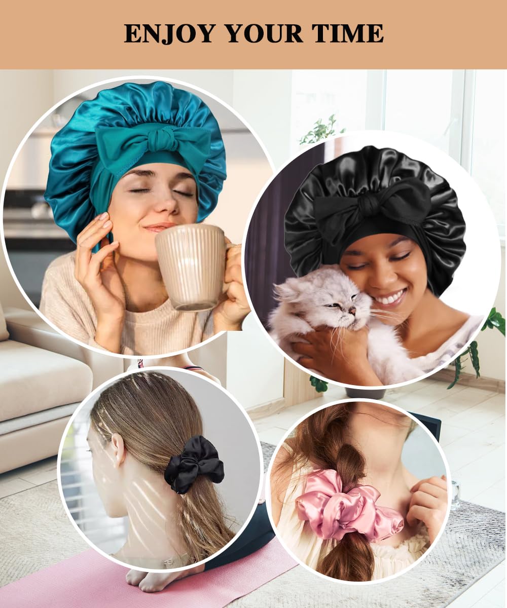 Ensemble 2 bonnets et 3 scrunchies pour différentes coiffures.
