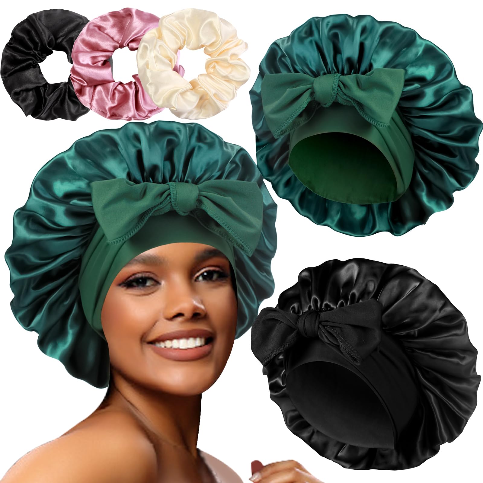 Bonnet satin Heniho grand avec lien: maintien sécurisé durant la nuit