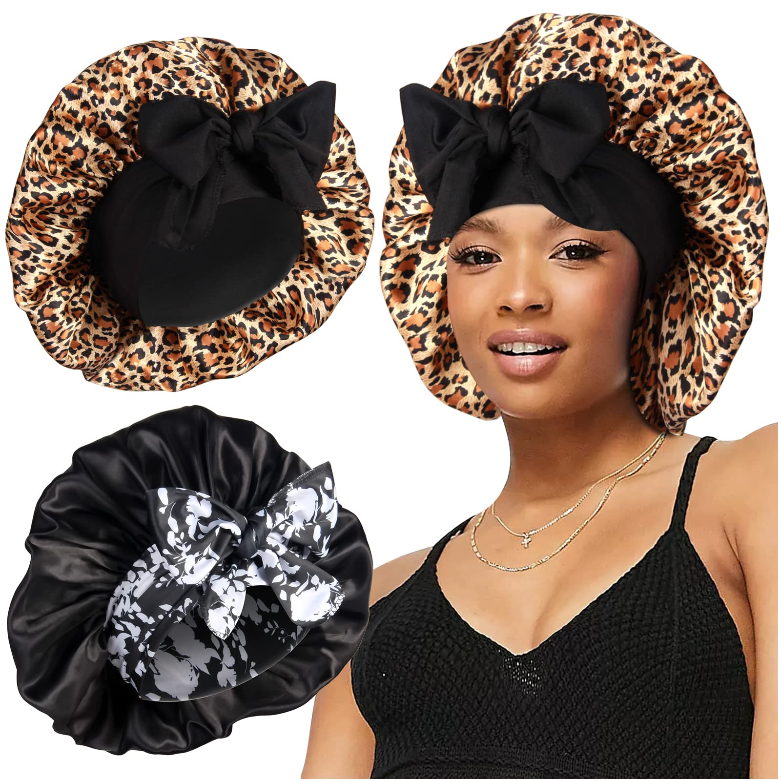 Bonnet satin Heniho grand noeud nocturne protège les cheveux bouclés pendant la nuit.