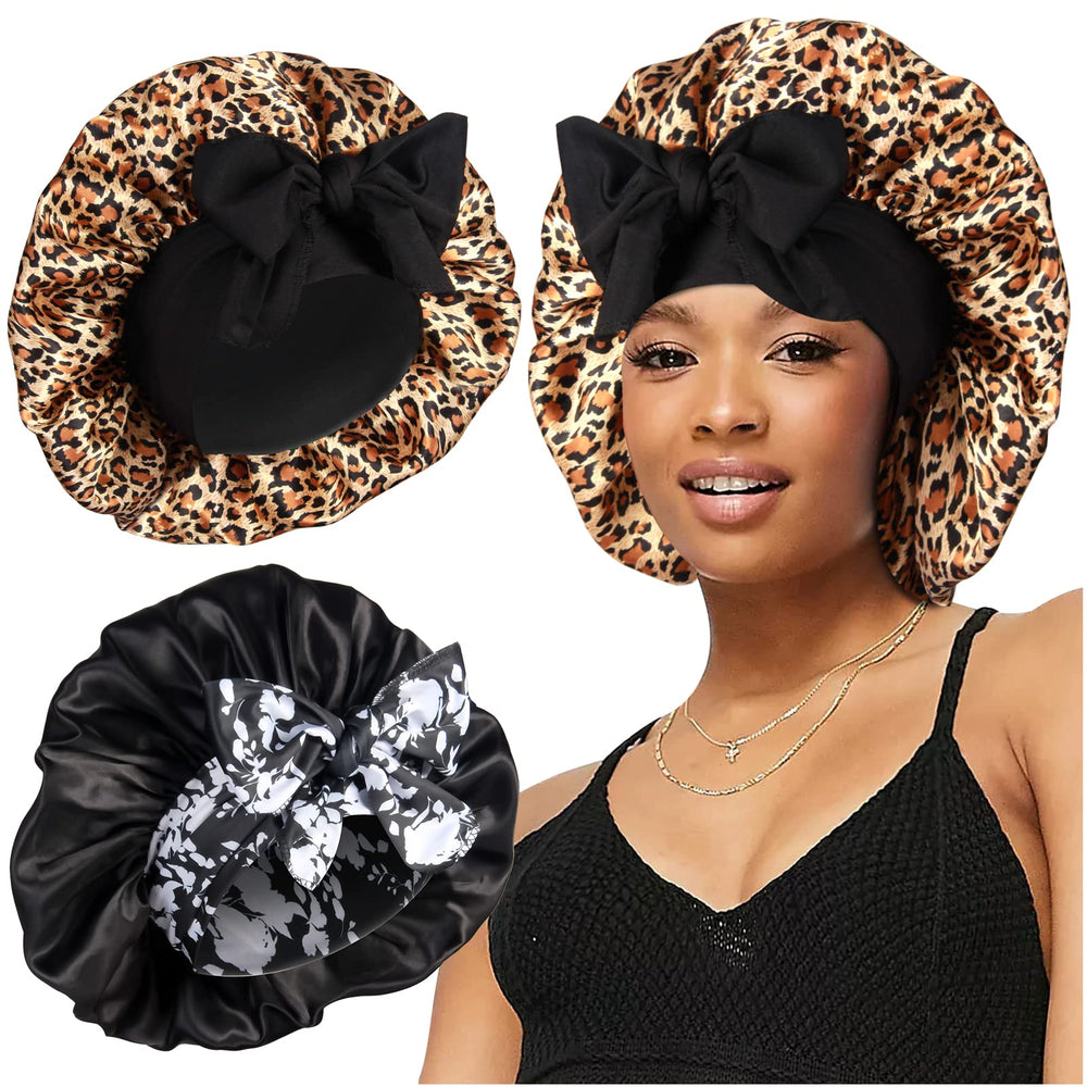 Bonnet satin Heniho grand noeud nocturne protège les cheveux bouclés pendant la nuit.