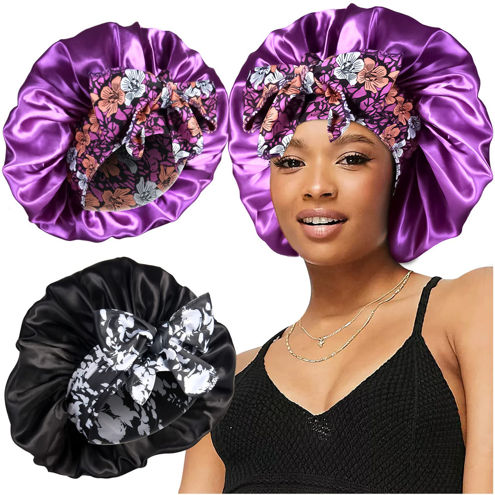 Bonnet satin Heniho grand avec nœud, maintien en place toute la nuit.
