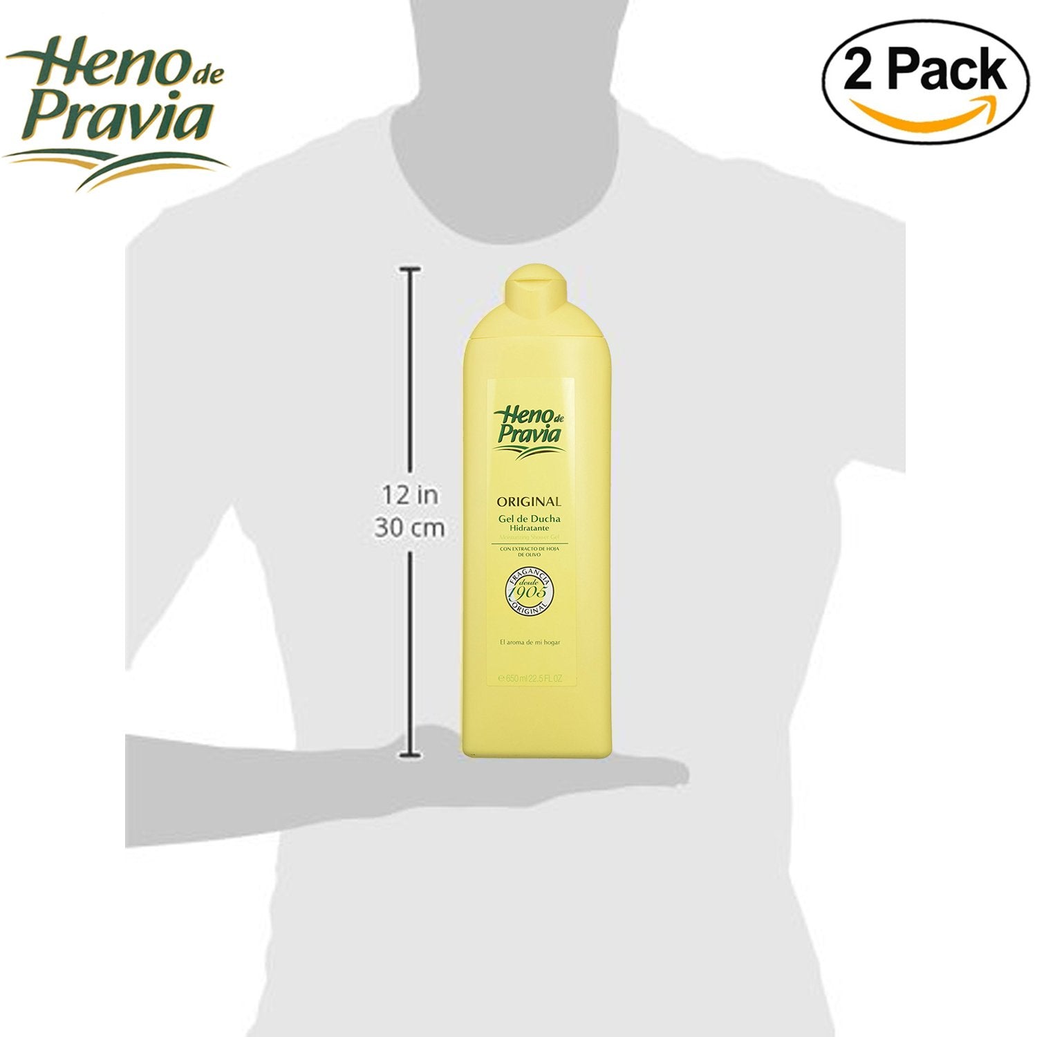 Heno de Pravia gel douche bouteille originale, design élégant et prise en main facile.