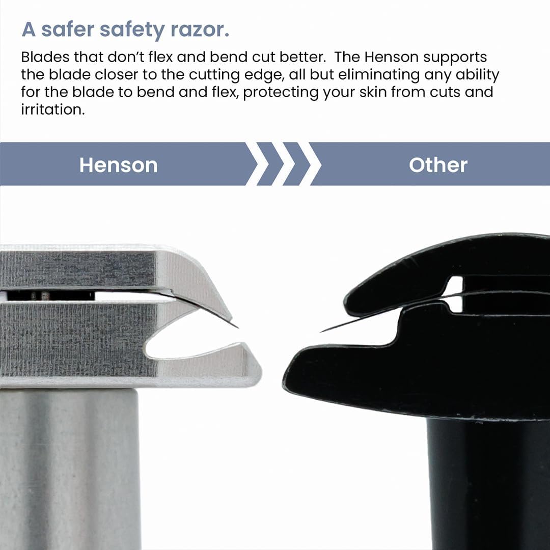 Tête de lame rigide du rasoir Henson Shaving noir ébène assure un passage stable.