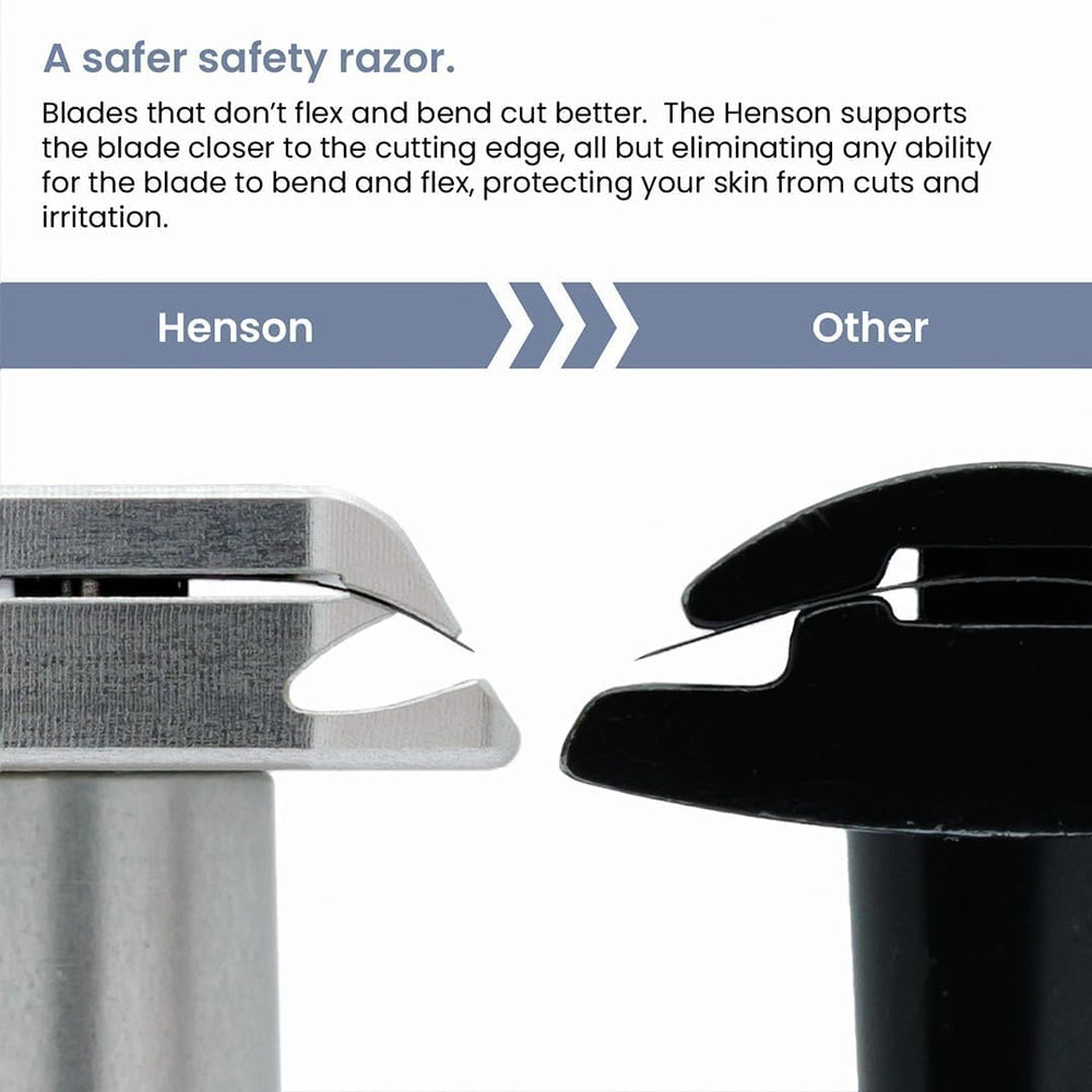 Tête de lame rigide du rasoir Henson Shaving noir ébène assure un passage stable.