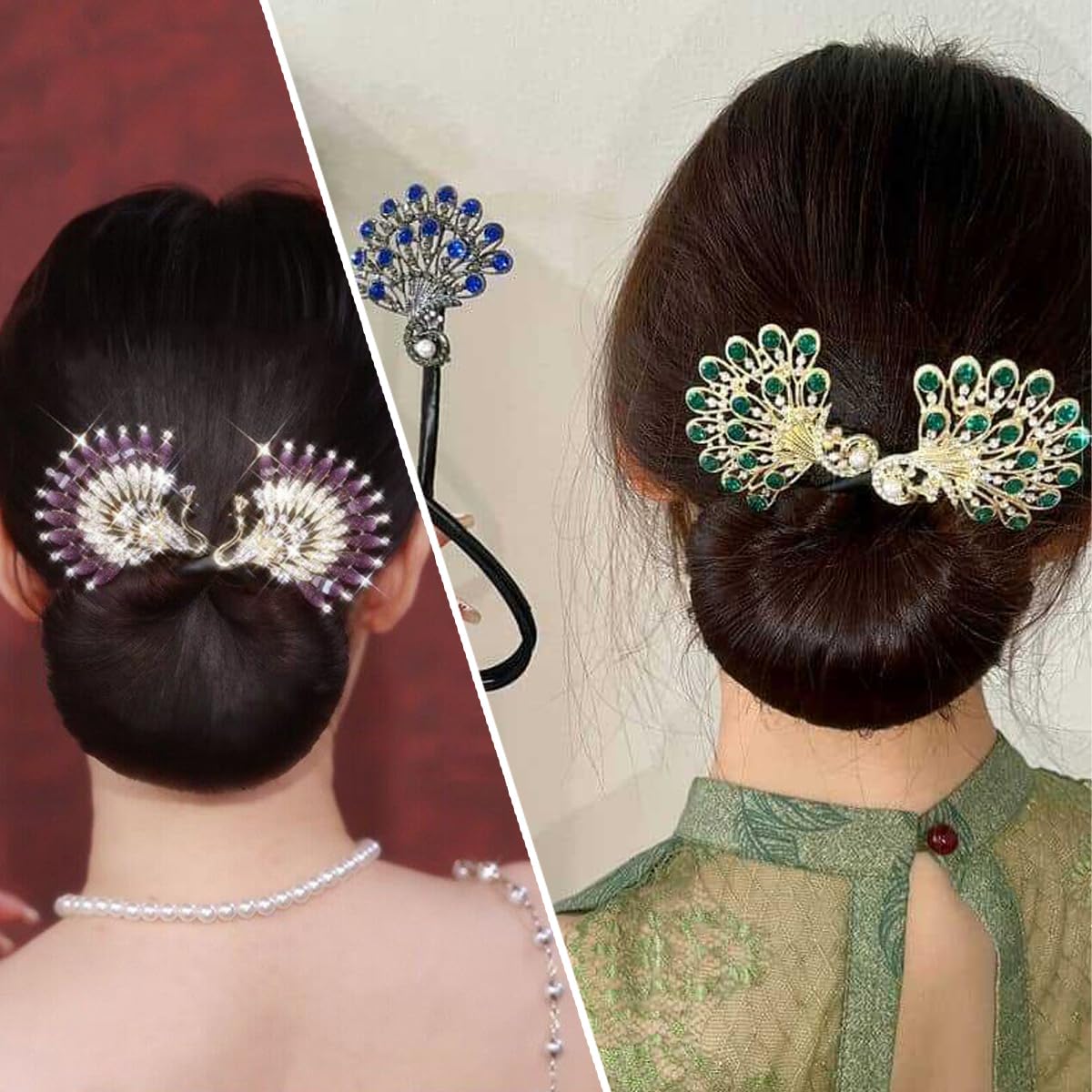Clip cheveux paon strass Heogacinlia, sécurité et brillance.