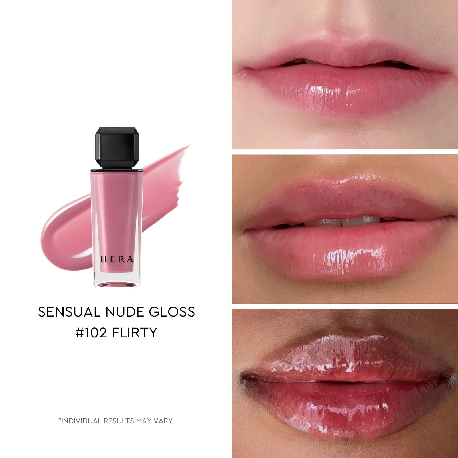 Étiquette du produit HERA Sensual Nude Gloss 102 Flirty et emballage compact.