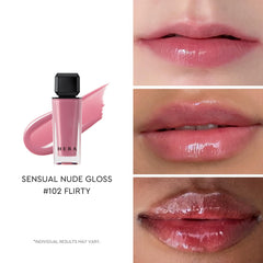Étiquette du produit HERA Sensual Nude Gloss 102 Flirty et emballage compact.