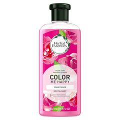 Herbal Essences Color Me Happy Après-Shampooing, bouteille élégante et douceur pour cheveux colorés.