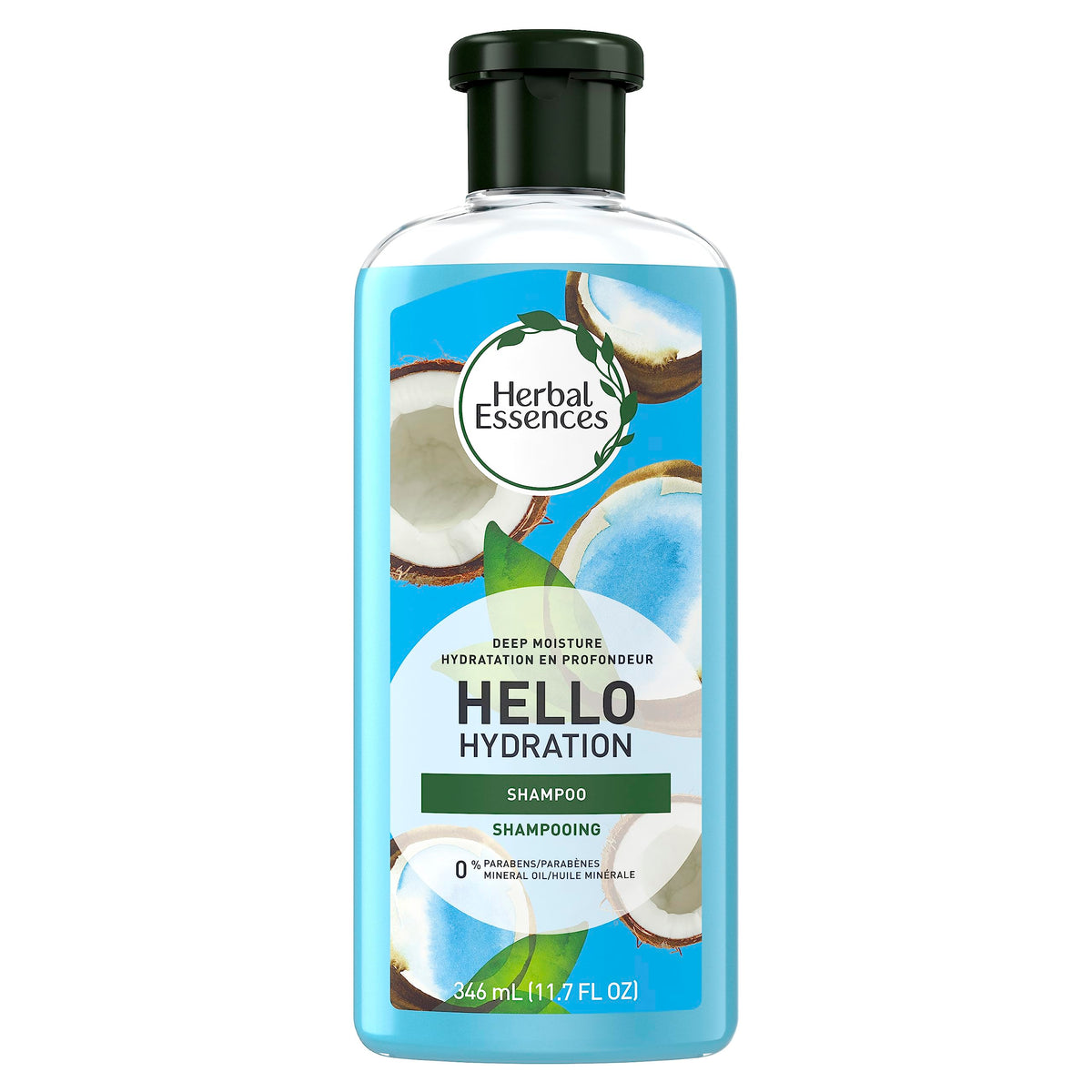 Bouteille Herbal Essences Hello Hydration prête pour la douche, hydratation et parfum coco.
