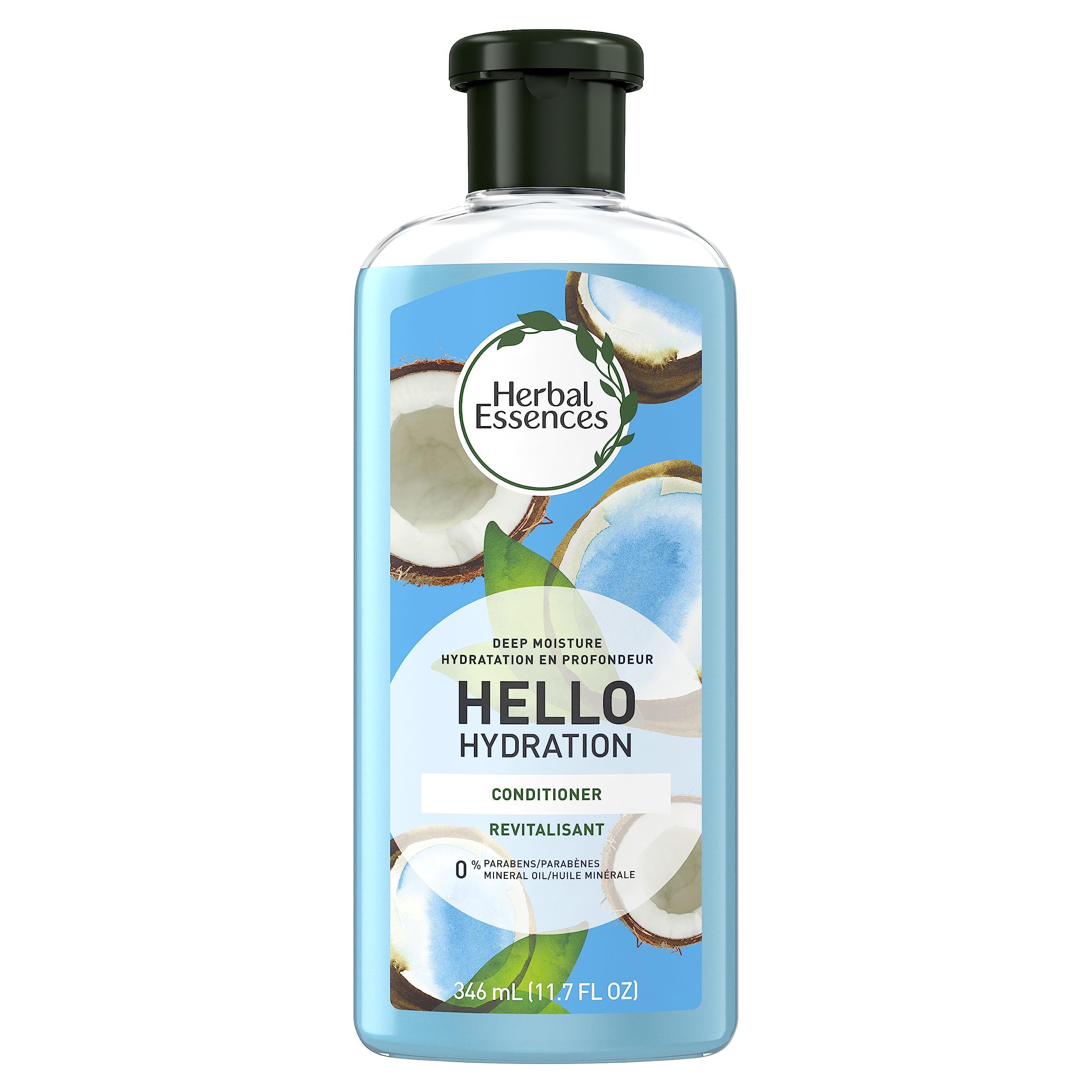 Bouteille Herbal Essences Hello Hydration montrant l’hydratation en profondeur pour cheveux secs