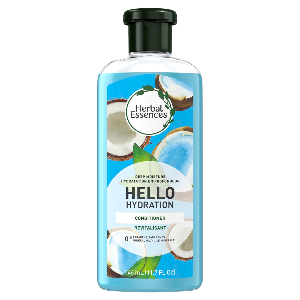 Bouteille Herbal Essences Hello Hydration montrant l’hydratation en profondeur pour cheveux secs