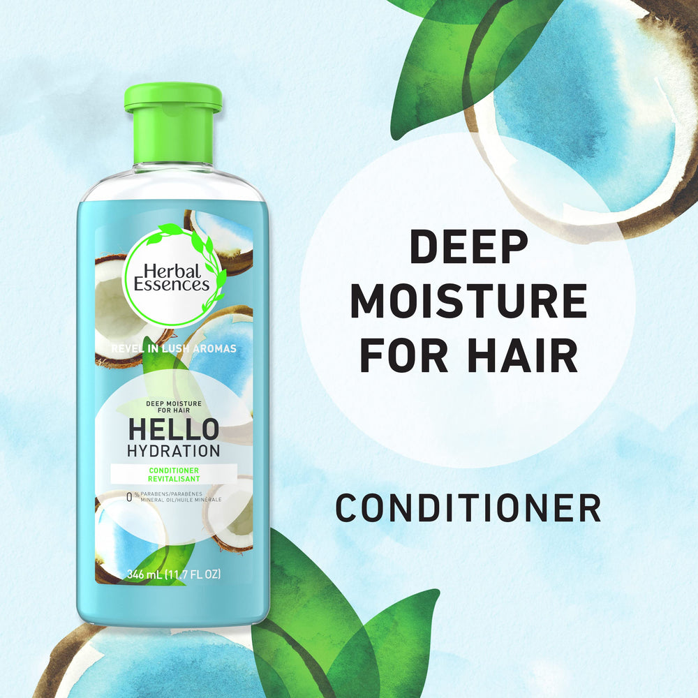 Étiquette claire du conditionneur Hello Hydration avec design élégant