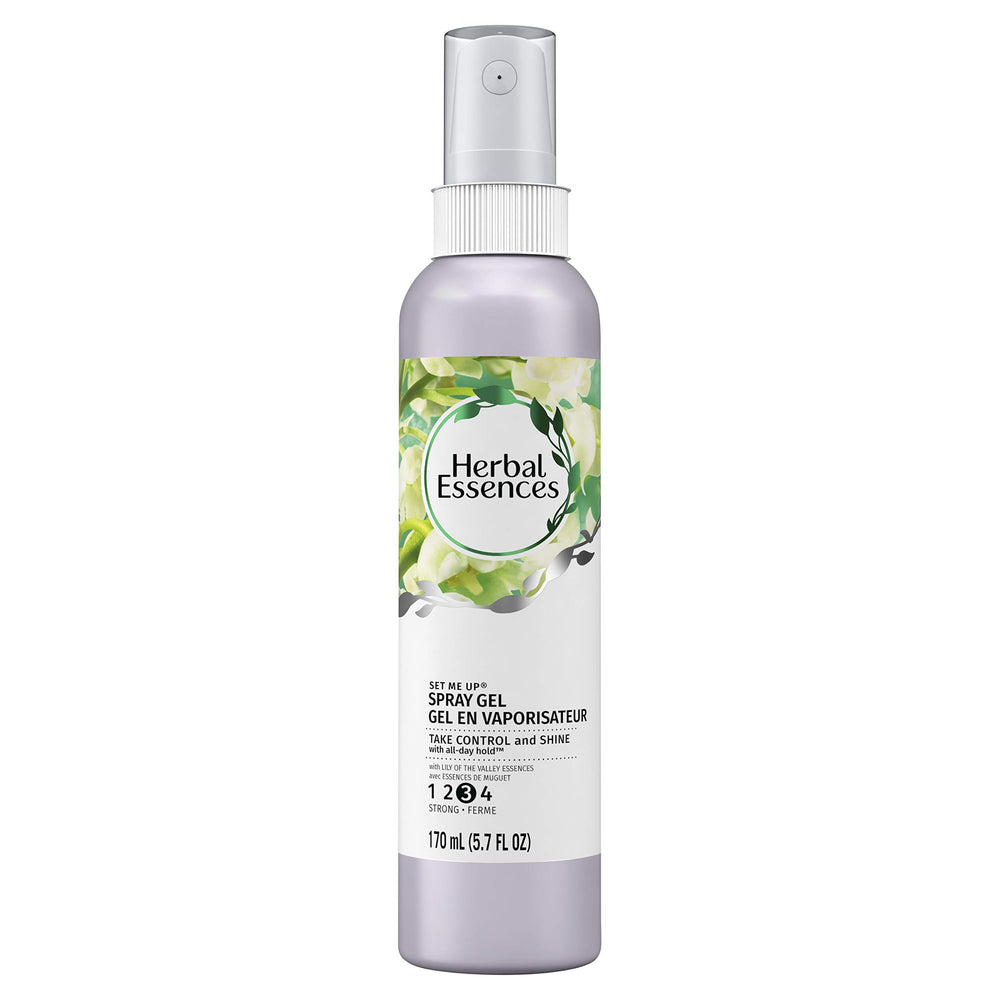 Herbal Essences Set Me Up, bouteille de gel en spray, tenue renforcée et brillance durable.