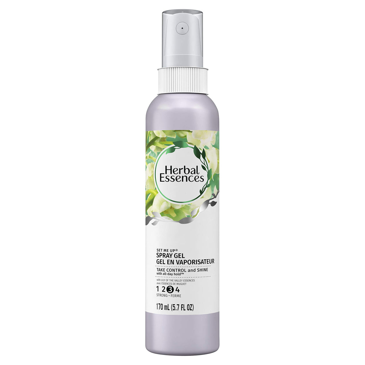 Herbal Essences Set Me Up, bouteille de gel en spray, tenue renforcée et brillance durable.