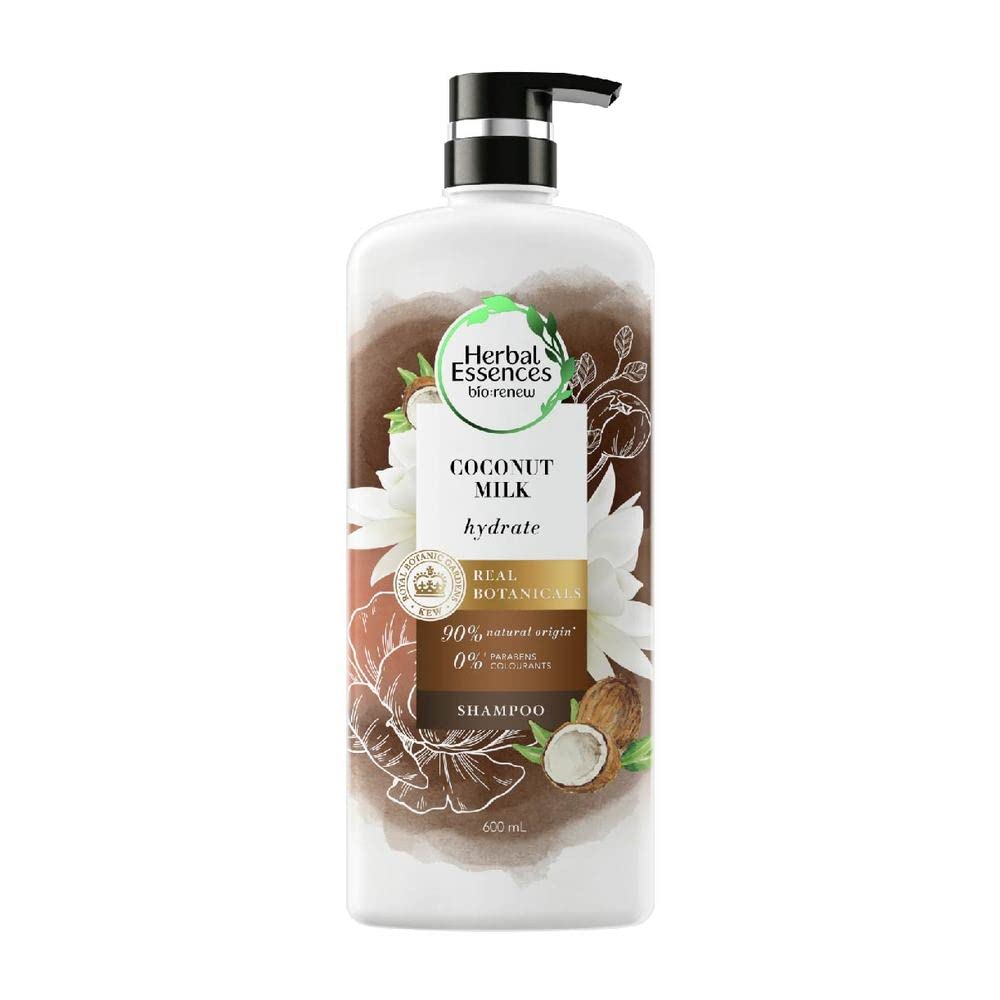 Shampoing Herbal Essences au lait de coco, bouteille, hydratation qui facilite le coiffage et la douceur.