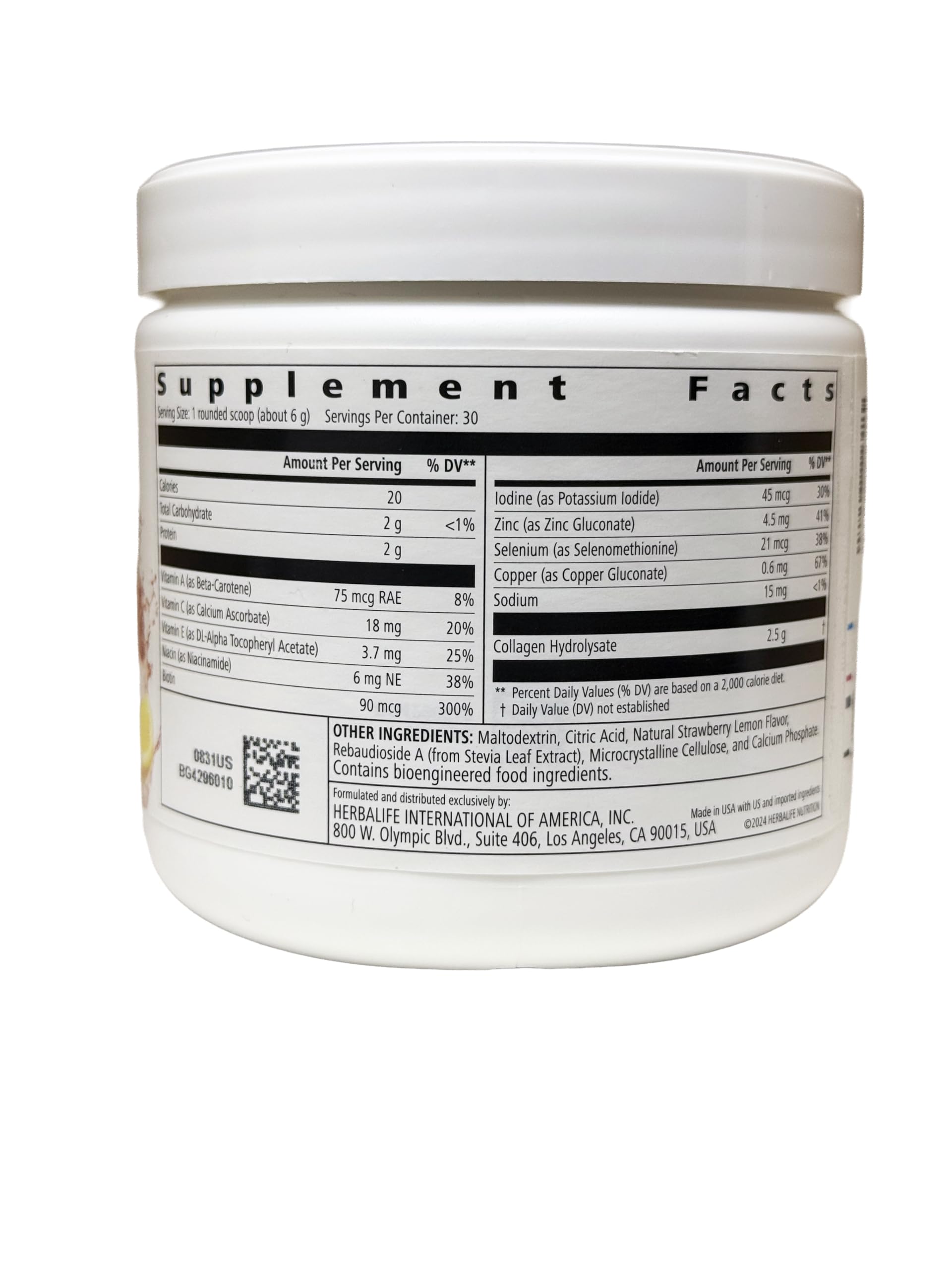 Informations sur les ingrédients du collagene Herbalife, etiquetage clair.