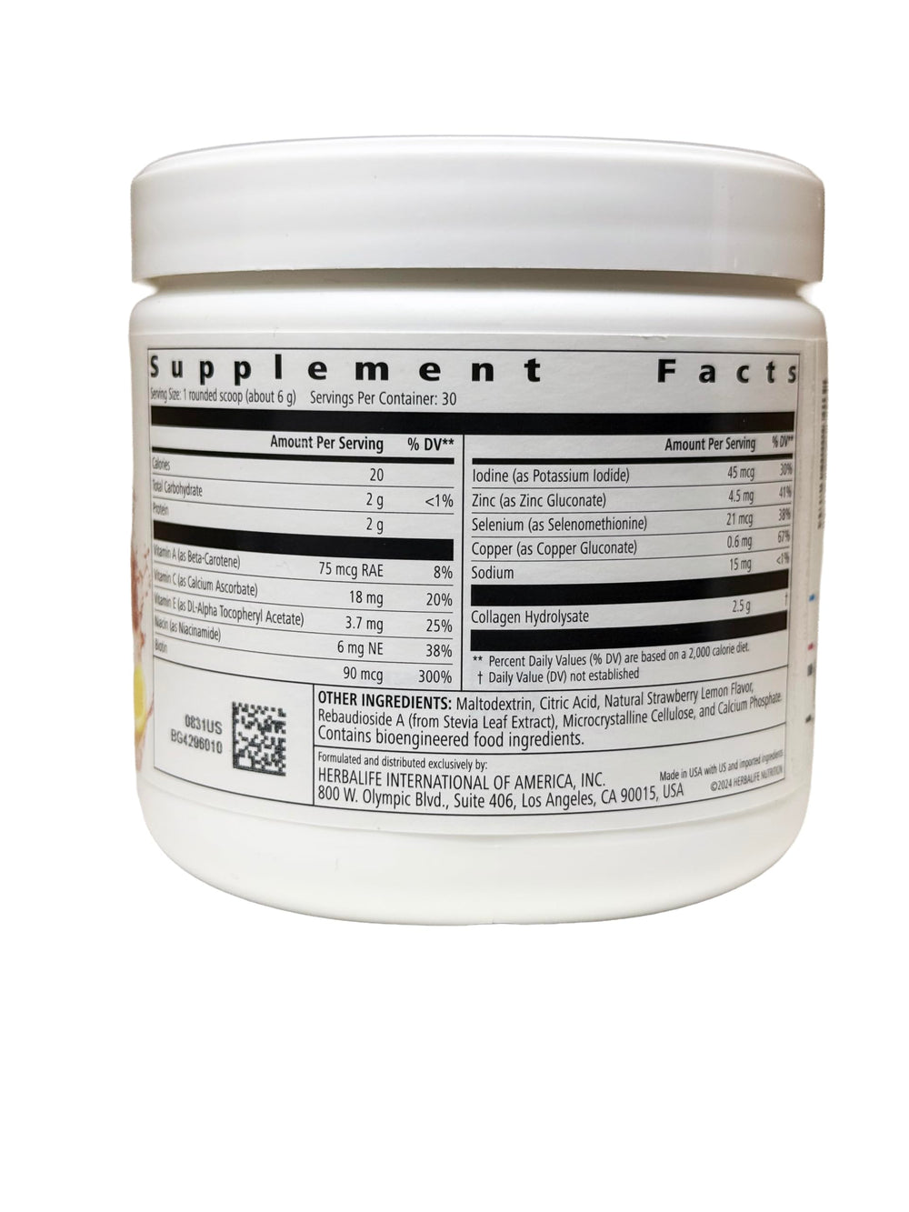 Informations sur les ingrédients du collagene Herbalife, etiquetage clair.