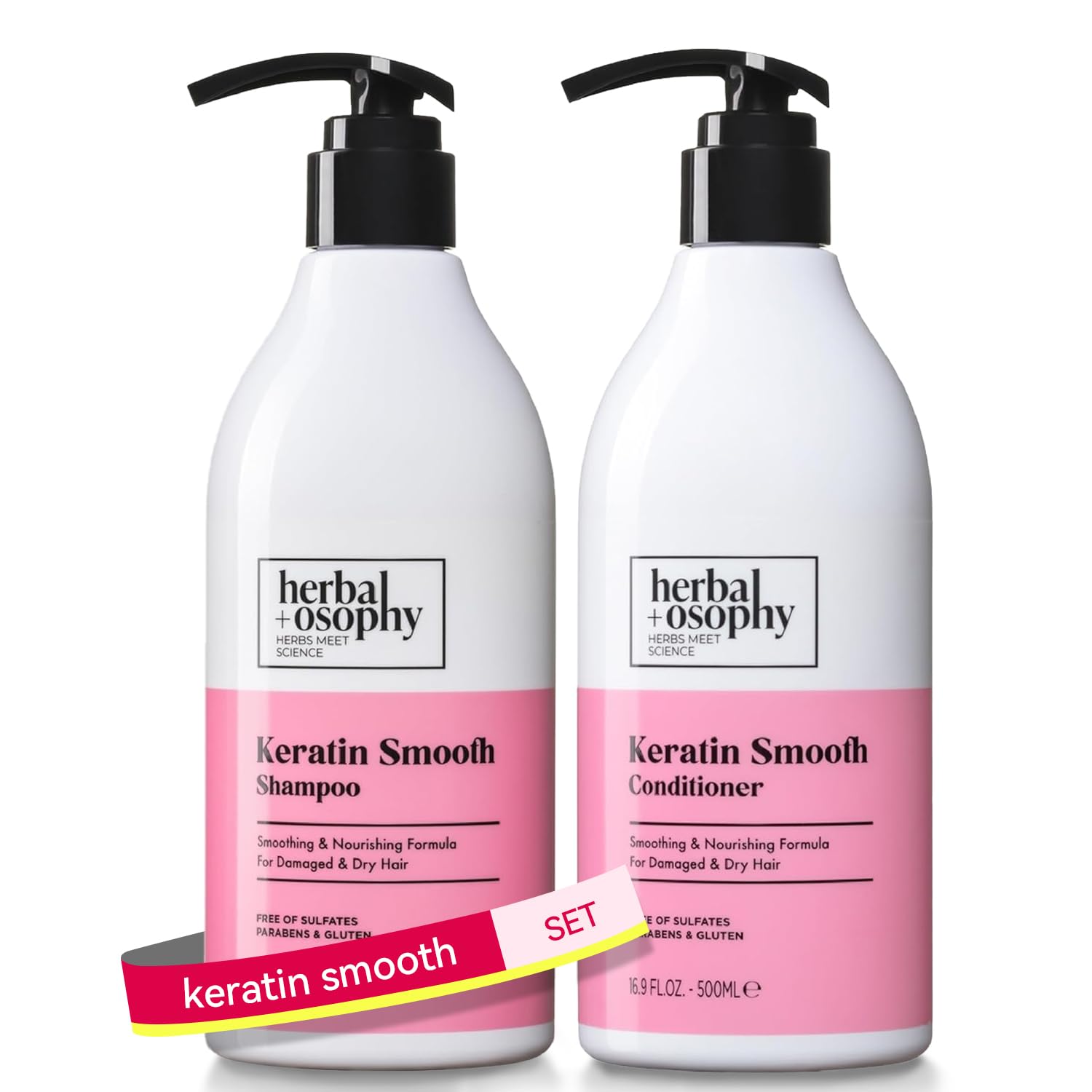 Shampooing Kératine Herbalosophy dans une bouteille élégante, hydratation en profondeur.