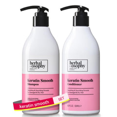 Shampooing Kératine Herbalosophy dans une bouteille élégante, hydratation en profondeur.
