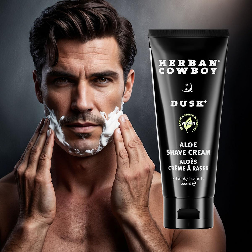 Herban Cowboy crème non moussante à l’aloé et extraits végétaux pour un rasage précis.