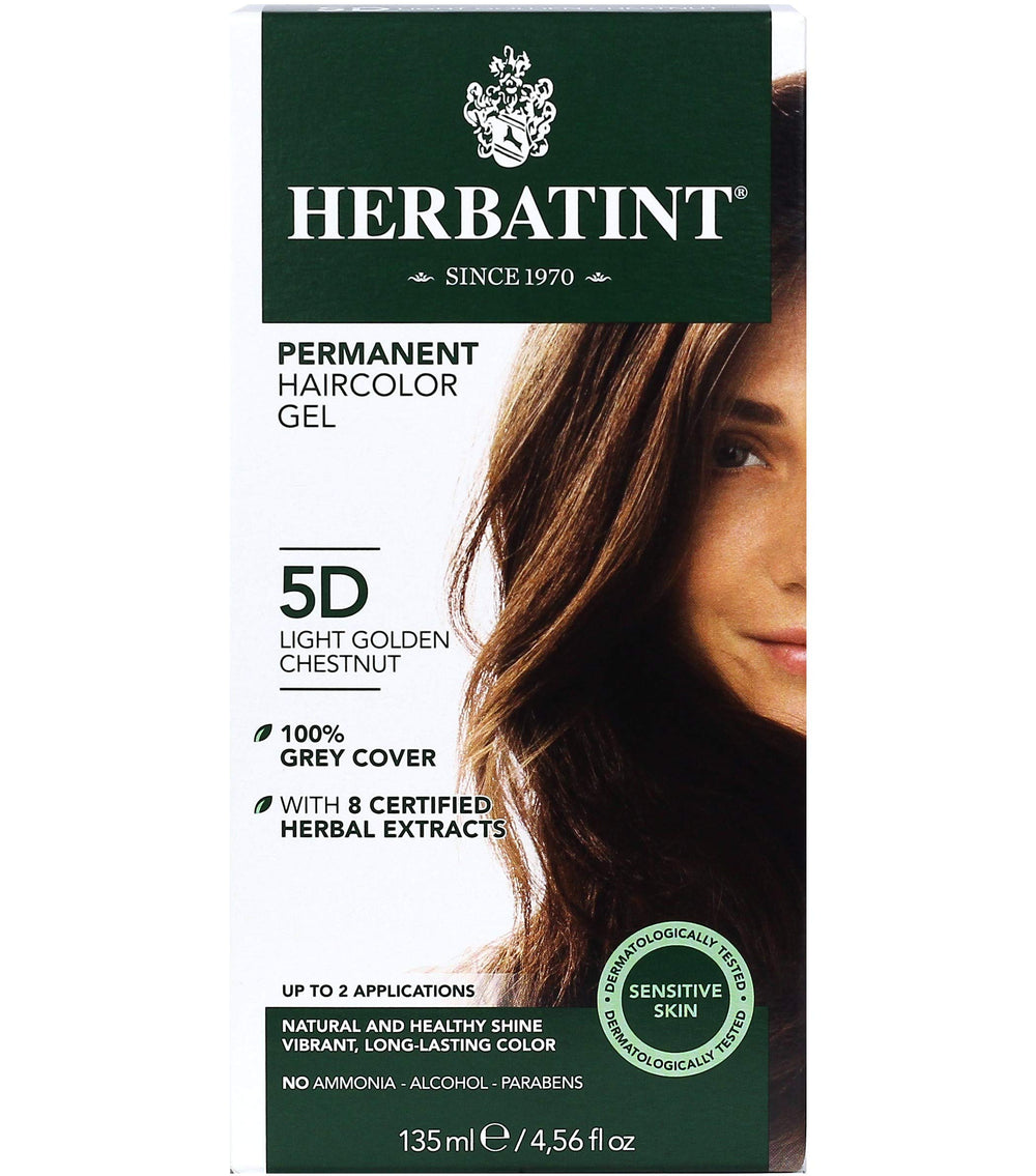 Herbatint 5D bouteille colorante montrant l'emballage et une couleur durable.