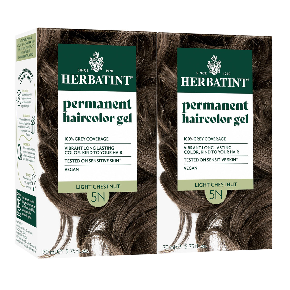 Herbatint 5N chatain clair - bouteille montrant couleur naturelle et couverture durable sans ammoniaque.