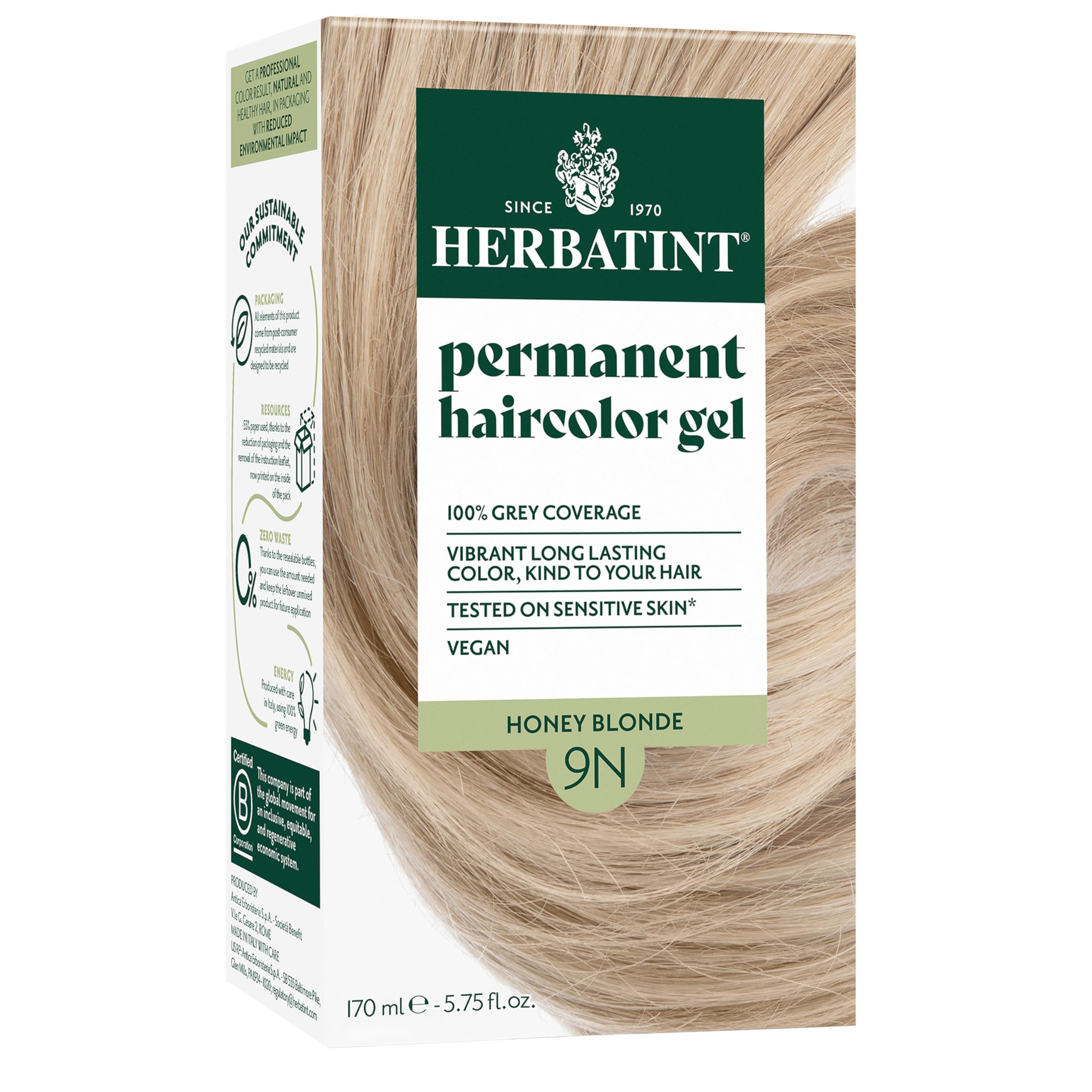 Herbatint 9N miel-blond – bouteille de coloration prête à l’emploi pour une couverture homogène.