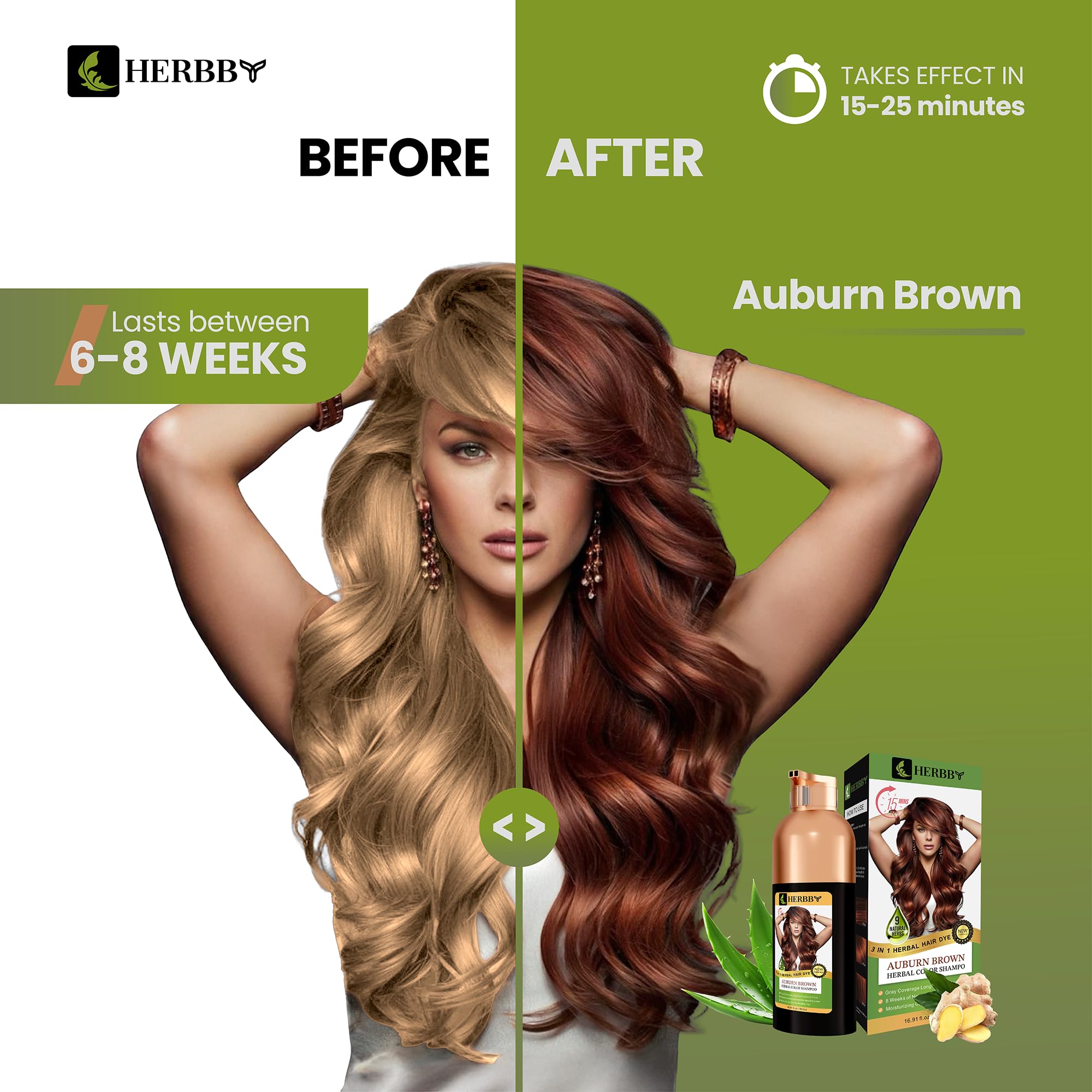 Aperçu après coloration HERBBY auburn brun sur cheveux gris.
