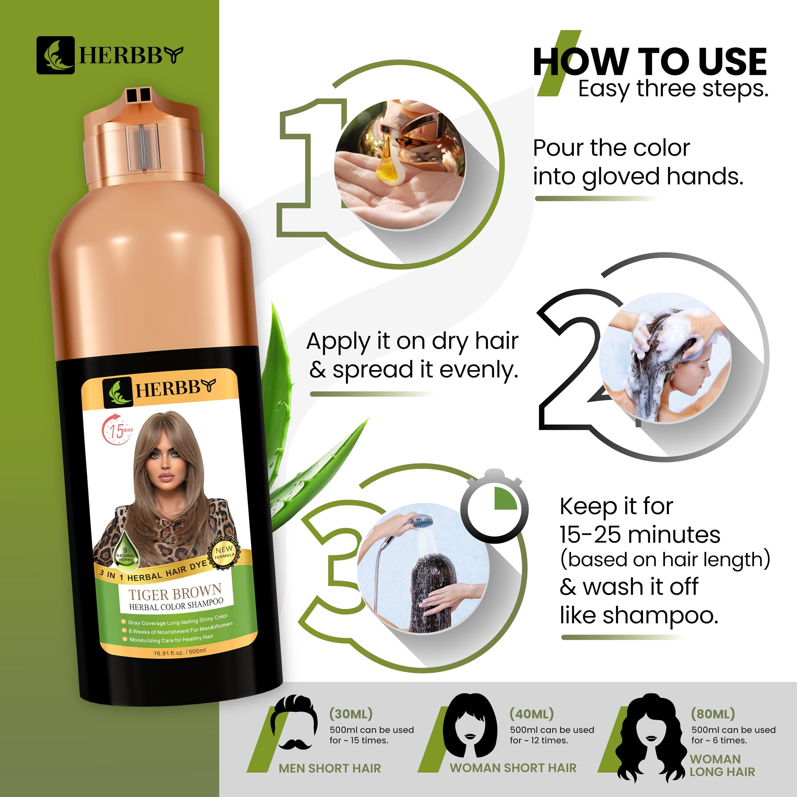 HERBBY Hair Color Shampoo agit instantanément comme colorant capillaire temporaire.