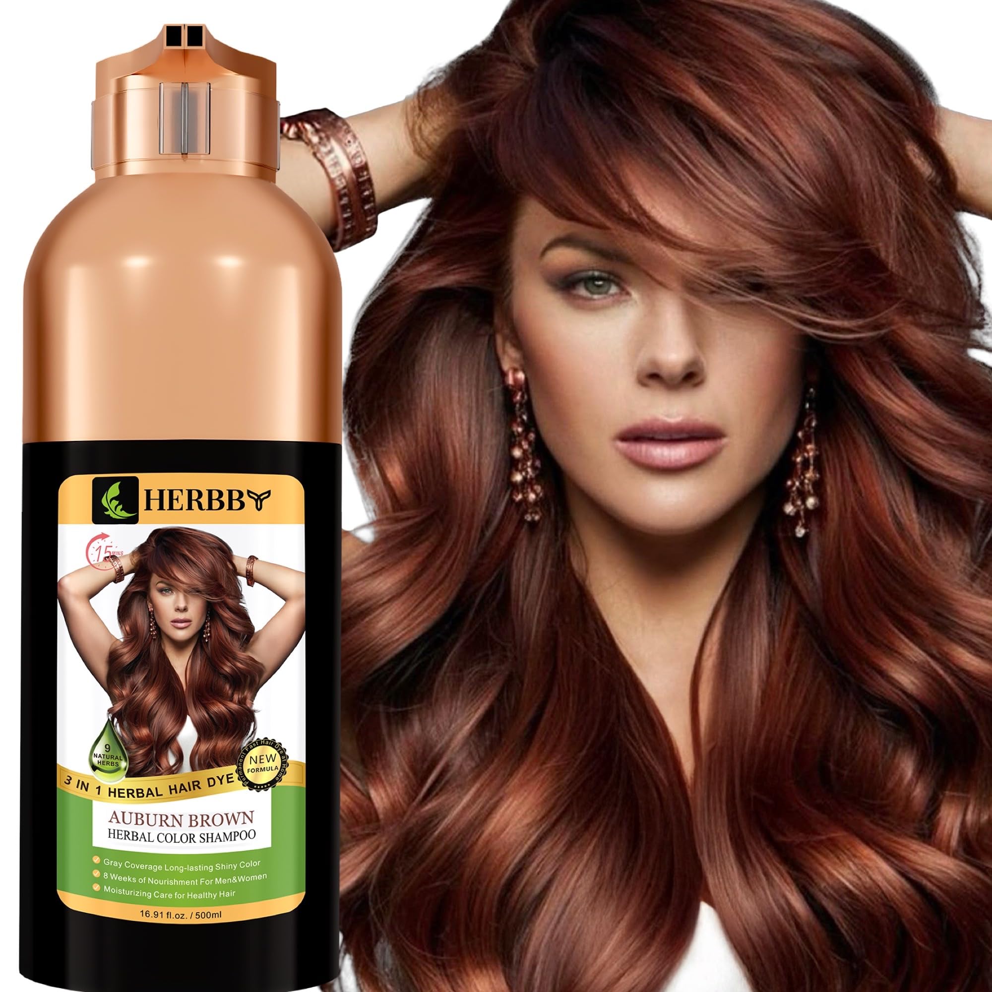 HERBBY shampooing coloration – bouteille auburn brun, couverture grise naturelle.