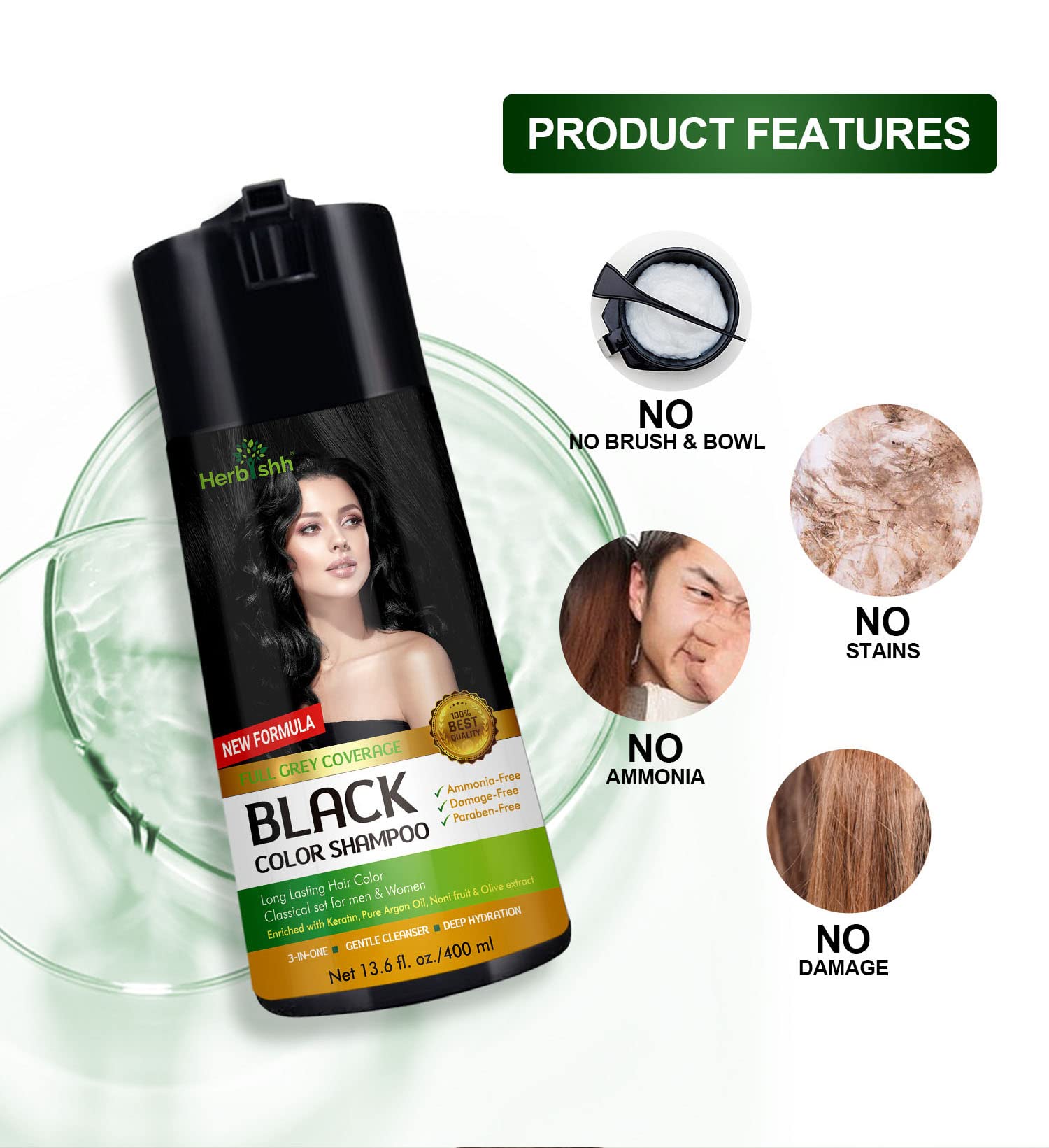 Herbishh Formule douce sans parabènes, adaptée à tous types de cheveux.