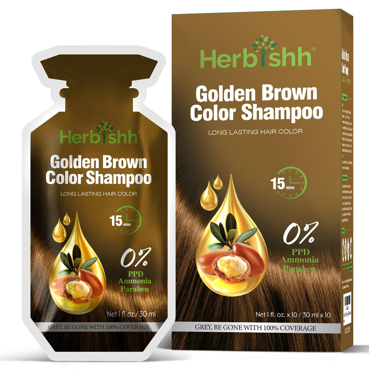 Herbishh Golden Brown Shampoo bottle for easy gray coverage