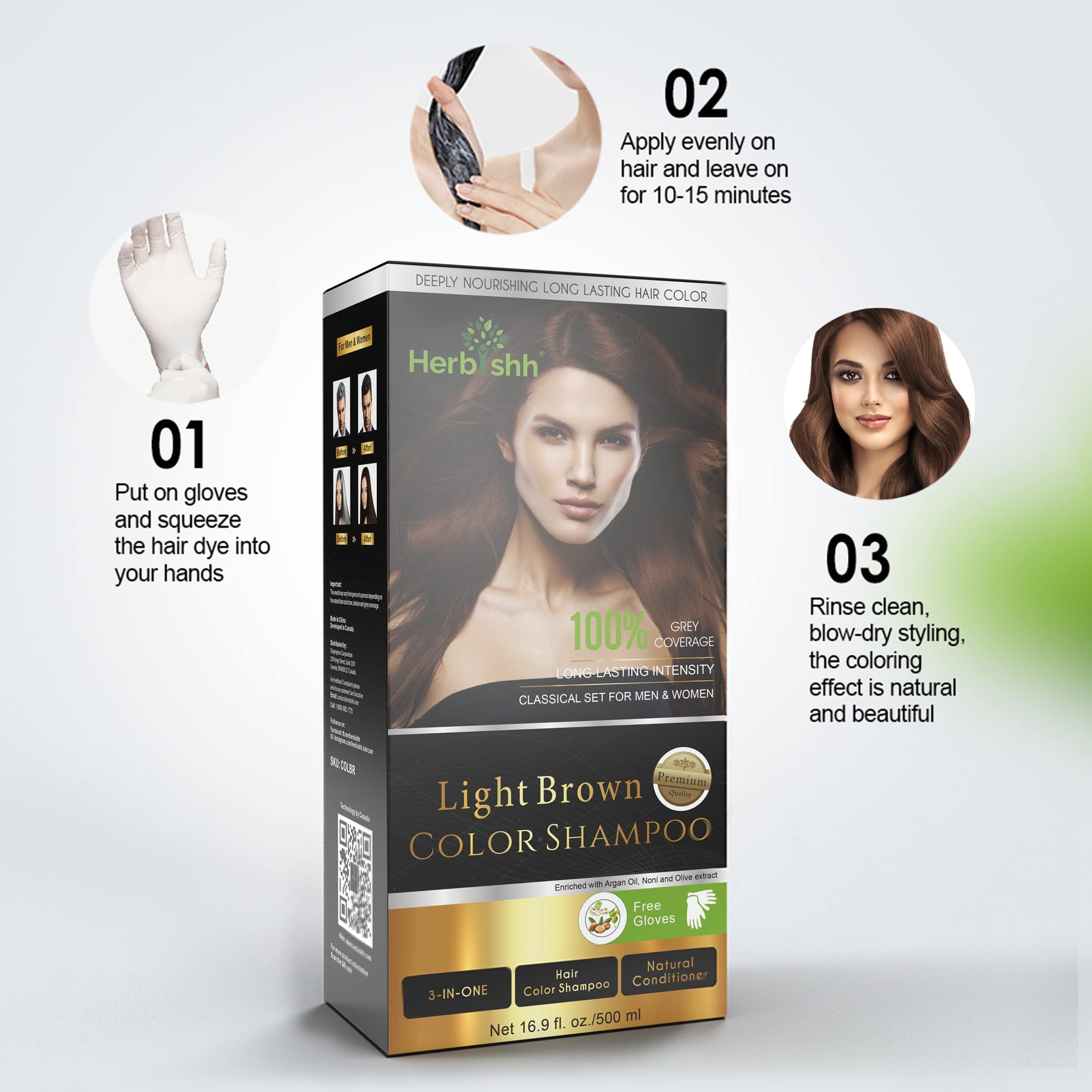 Shampooing colorant Herbishh 3-en-1 – rendu naturel visible après chaque utilisation.