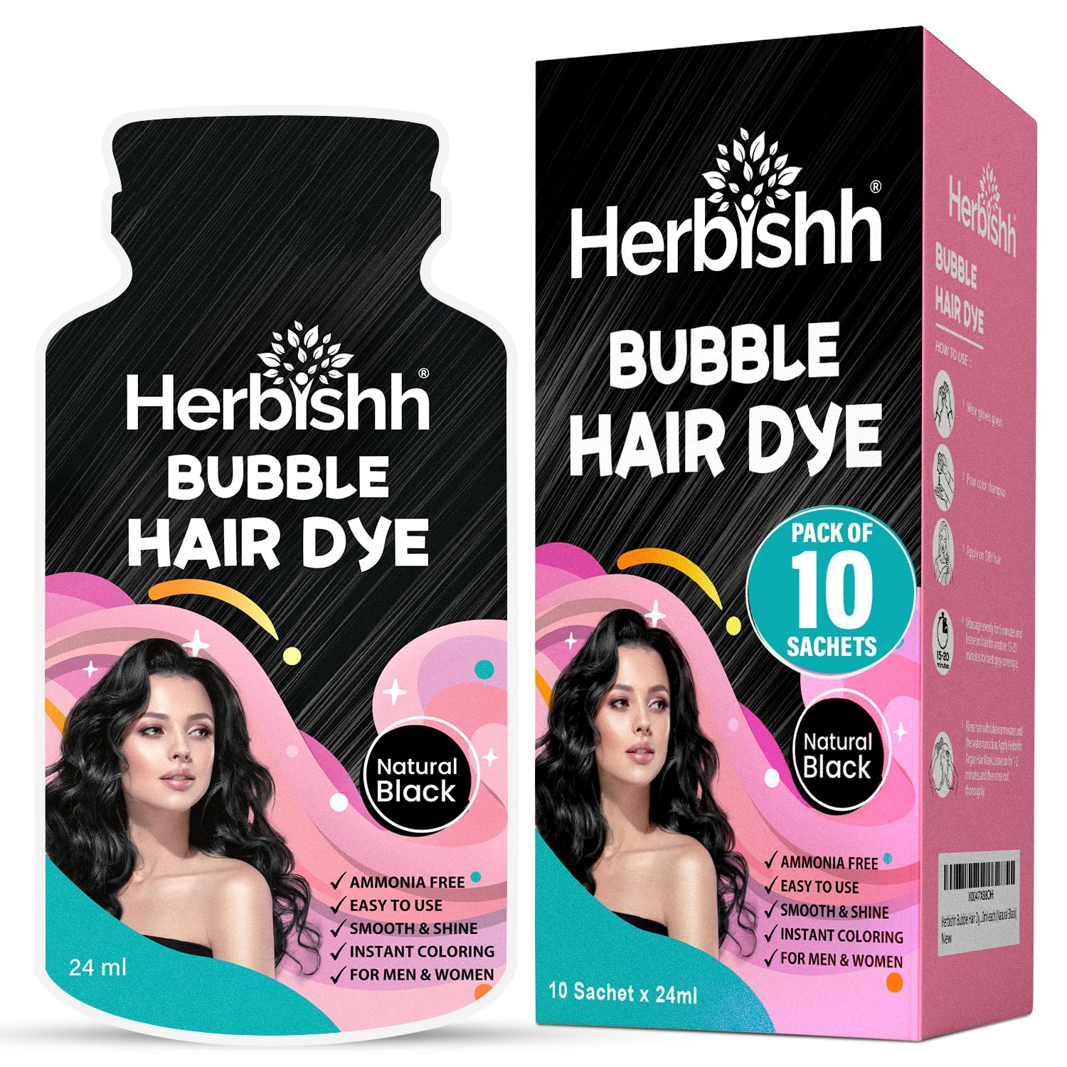 Herbishh Shampoing colorant en bulles noir pour couvrir les gris naturellement.
