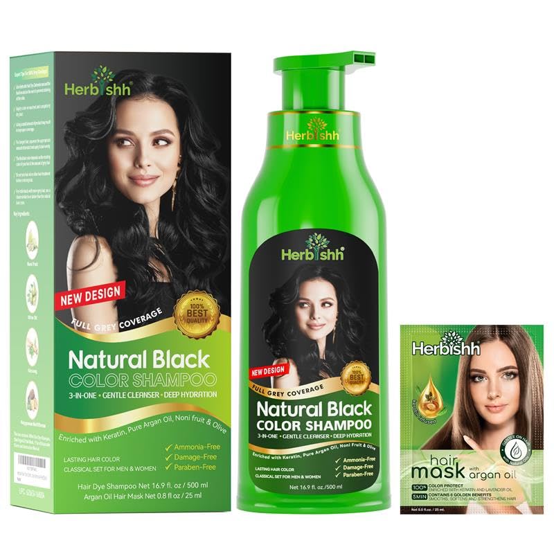 Herbishh Shampoing colorant cheveux gris en bouteille, couleur naturelle et durable.