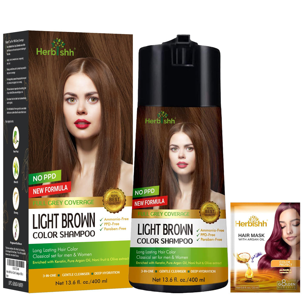 Shampoing couleur Herbishh en bouteille pour une teinte uniforme sur les cheveux gris.