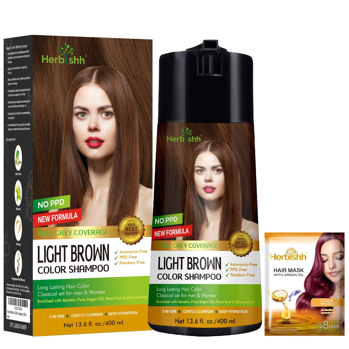 Shampoing couleur Herbishh en bouteille pour une teinte uniforme sur les cheveux gris.