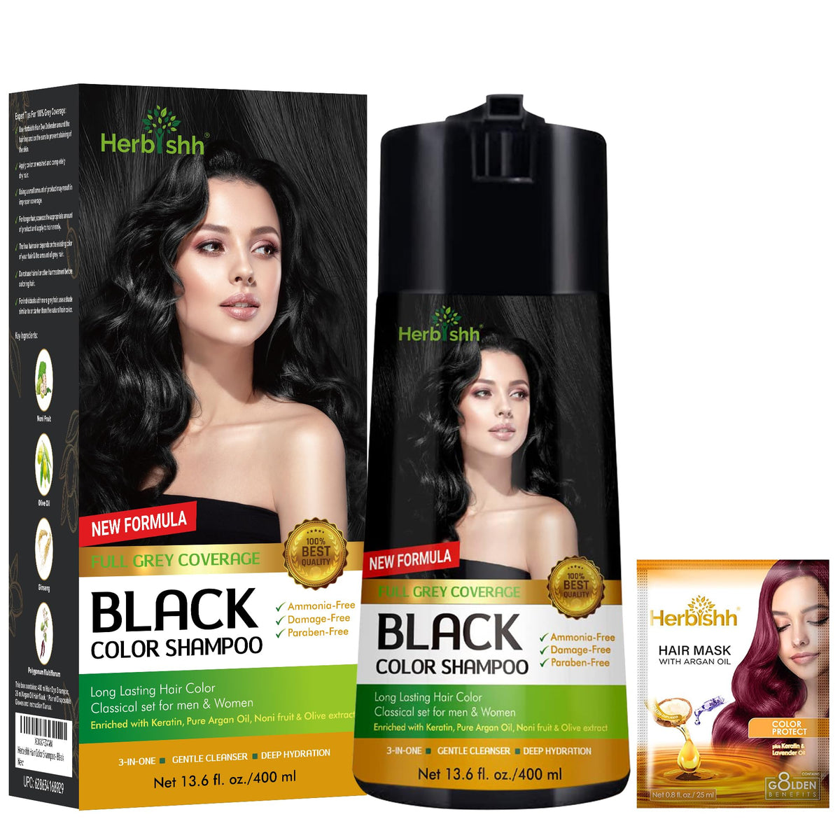 Bouteille Herbishh Shampoing Coloration, couverture gris parfaite et utilisation simple.
